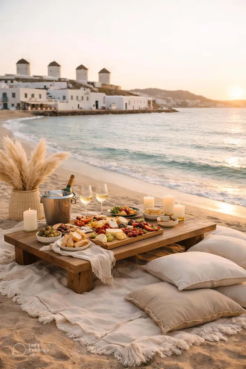Couple enjoying luxury sunset picnic with wine and Aegean sea views during a Mykonos island nightlife evening